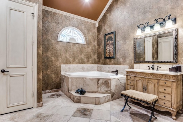 2709 Redding Dr, Plano, TX 75093 - full bath featuring crown molding, a bath, vanity, and vaulted ceiling