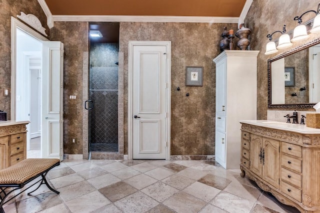 2709 Redding Dr, Plano, TX 75093 - full bath featuring crown molding, vanity, a shower stall, stone tile flooring, and baseboards