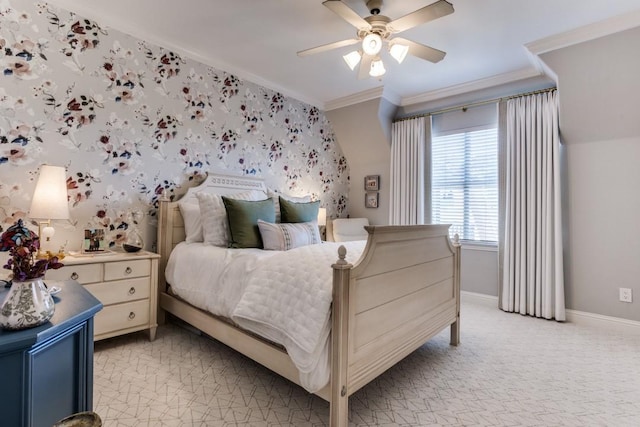 2709 Redding Dr, Plano, TX 75093 - bedroom with ornamental molding, baseboards, a ceiling fan, and light colored carpet