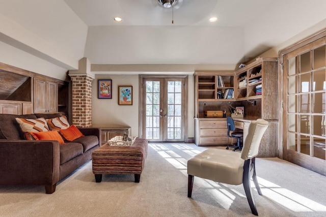 2709 Redding Dr, Plano, TX 75093 - living room featuring french doors, light colored carpet, lofted ceiling, a desk, and recessed lighting