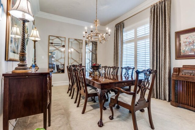 2709 Redding Dr, Plano, TX 75093 - dining area with a chandelier, crown molding, light colored carpet, and baseboards