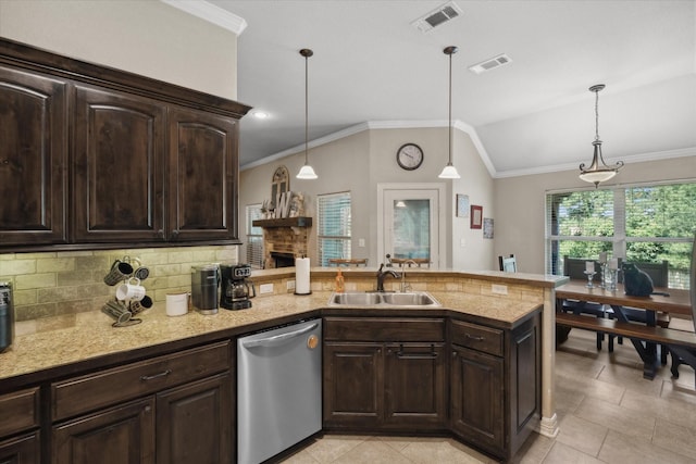 365 Maggie Cir, Flint, TX 75762 - kitchen with dishwasher, a sink, light tile patterned floors, a peninsula, and dark brown cabinets