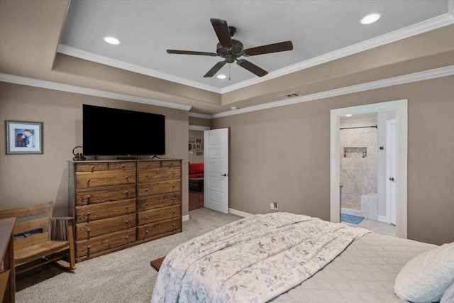 365 Maggie Cir, Flint, TX 75762 - carpeted bedroom with crown molding, a raised ceiling, recessed lighting, a ceiling fan, and ensuite bathroom