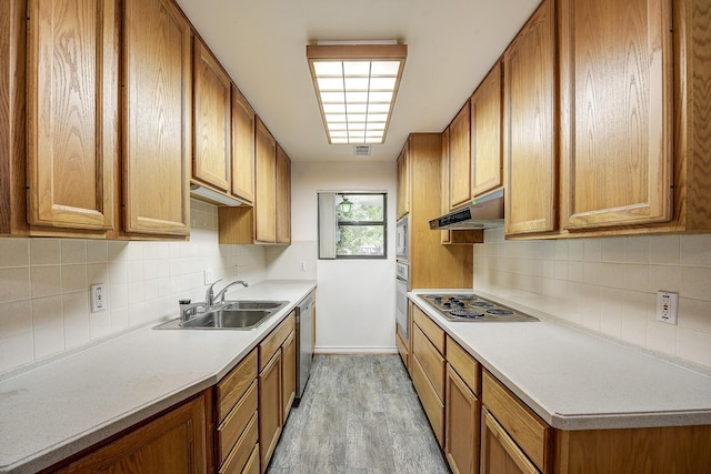 2947 Sinbad Cir, Farmers Branch, TX 75234 - kitchen featuring under cabinet range hood, electric stovetop, a sink, stainless steel dishwasher, and light wood finished floors