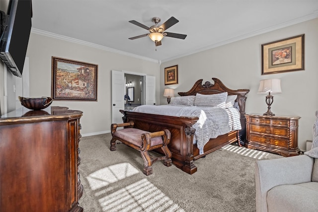 301 Northcreek Dr, Chandler, TX 75758 - carpeted bedroom featuring crown molding, baseboards, ceiling fan, and connected bathroom