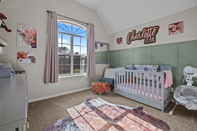 301 Northcreek Dr, Chandler, TX 75758 - bedroom featuring carpet flooring, a crib, and vaulted ceiling