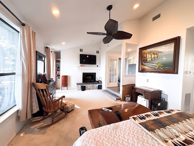 148 Vista Dr, Eustace, TX 75124 - bedroom featuring carpet, a fireplace with raised hearth, lofted ceiling, and recessed lighting
