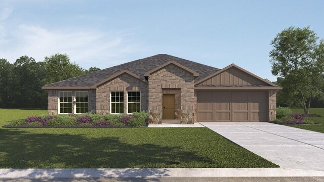 8390 Casita Ln, Garland, TX 75043 - view of front facade featuring an attached garage, driveway, stone siding, and a front lawn