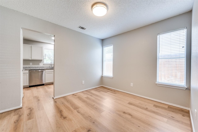 2521 Markland St, Irving, TX 75060 - empty room featuring light wood finished floors, healthy amount of natural light, a textured ceiling, a sink, and baseboards