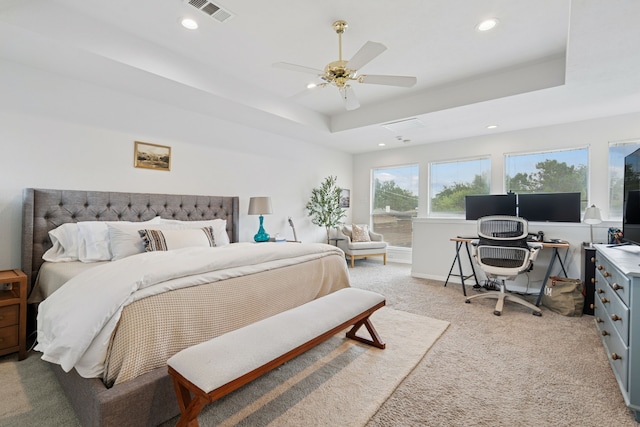 328 High Brook Dr, Richardson, TX 75080 - bedroom featuring a tray ceiling, light colored carpet, recessed lighting, a ceiling fan, and a desk
