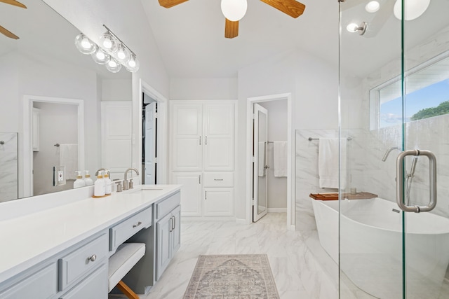 328 High Brook Dr, Richardson, TX 75080 - full bathroom featuring ceiling fan, vanity, a marble finish shower, a freestanding bath, and lofted ceiling
