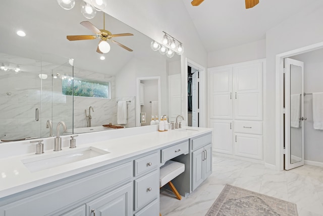 328 High Brook Dr, Richardson, TX 75080 - bathroom with a ceiling fan, lofted ceiling, double vanity, a marble finish shower, and marble finish flooring