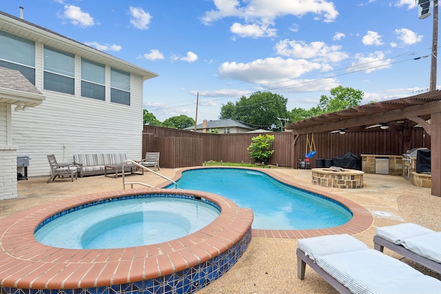 328 High Brook Dr, Richardson, TX 75080 - view of pool with a patio, an outdoor fire pit, a fenced backyard, and a ceiling fan