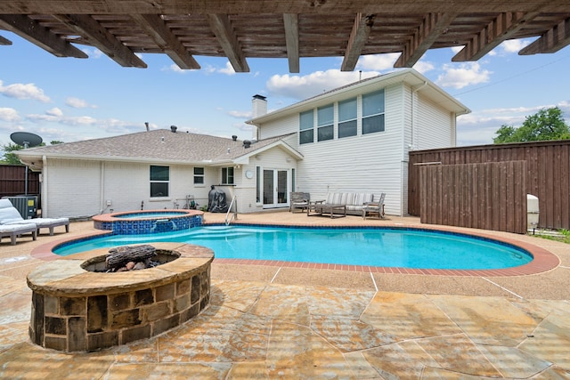 328 High Brook Dr, Richardson, TX 75080 - view of swimming pool featuring an outdoor living space, a patio area, a pool with connected hot tub, and french doors