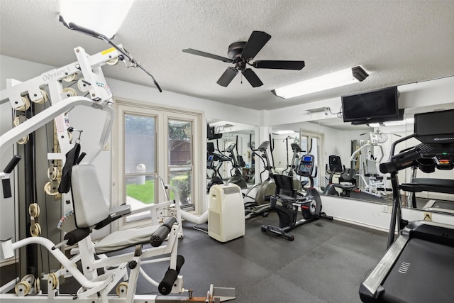 7014 Regalview Cir, Dallas, TX 75248 - gym featuring a textured ceiling and a ceiling fan
