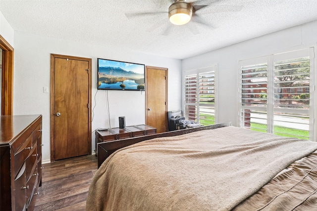 3801 Silver Maple Dr, Carrollton, TX 75007 - bedroom with dark wood-style floors, a textured ceiling, and a ceiling fan