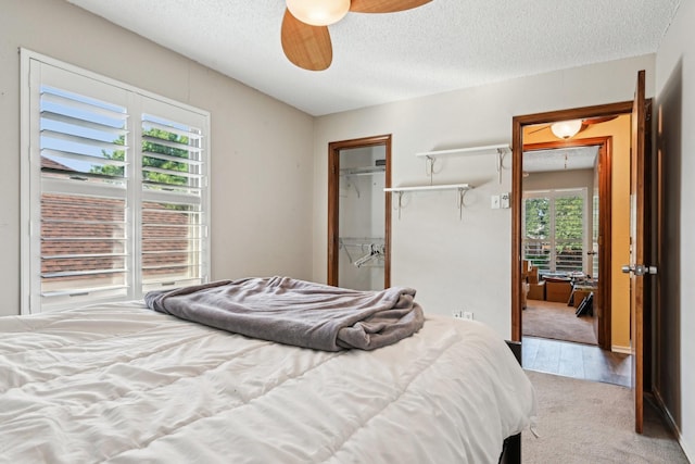 3801 Silver Maple Dr, Carrollton, TX 75007 - bedroom with carpet flooring, a textured ceiling, a walk in closet, a closet, and ceiling fan