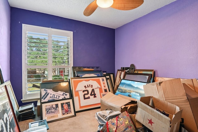 3801 Silver Maple Dr, Carrollton, TX 75007 - carpeted bedroom with a textured ceiling and a ceiling fan