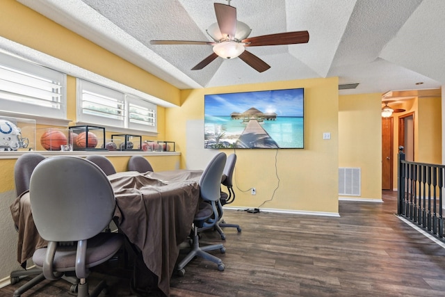 3801 Silver Maple Dr, Carrollton, TX 75007 - office with wood finished floors, ceiling fan, and a textured ceiling