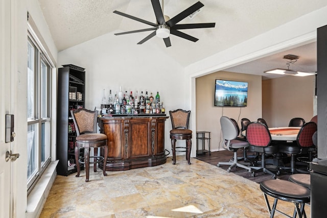 3801 Silver Maple Dr, Carrollton, TX 75007 - indoor dry bar with ceiling fan, lofted ceiling, and plenty of natural light
