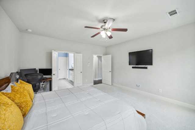 5024 Amande Ave, Lewisville, TX 75056 - bedroom featuring an office area, baseboards, light carpet, and a ceiling fan