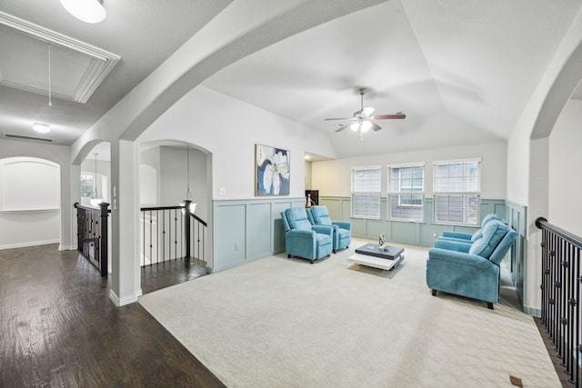 5024 Amande Ave, Lewisville, TX 75056 - sitting room featuring attic access, an upstairs landing, wood finished floors, ceiling fan, and wainscoting