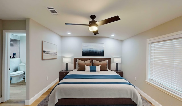 2210 Mcclure St, Irving, TX 75062 - bedroom with light wood-style flooring, ensuite bath, baseboards, recessed lighting, and ceiling fan