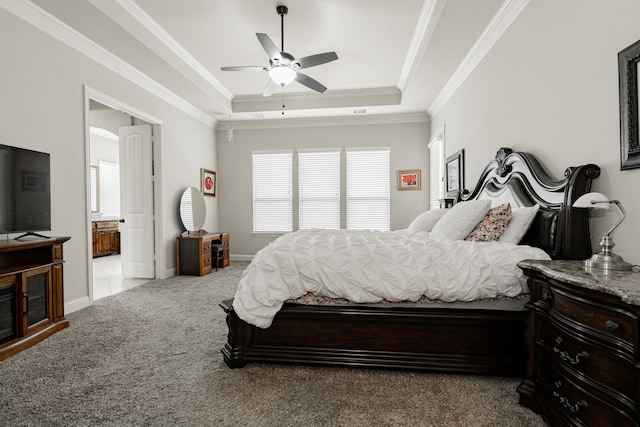 817 Calm Crest Dr, Rockwall, TX 75087 - bedroom with a raised ceiling, carpet, crown molding, ceiling fan, and ensuite bath