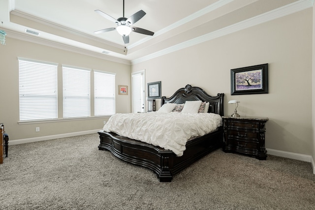 817 Calm Crest Dr, Rockwall, TX 75087 - bedroom featuring a raised ceiling, ornamental molding, carpet flooring, and a ceiling fan