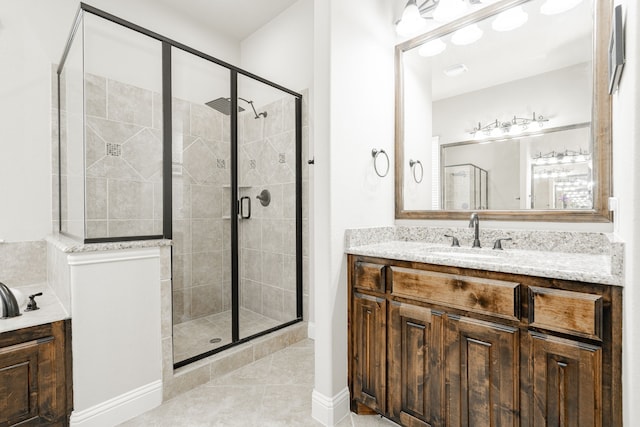 817 Calm Crest Dr, Rockwall, TX 75087 - bathroom featuring a stall shower, vanity, tile patterned flooring, and a tub