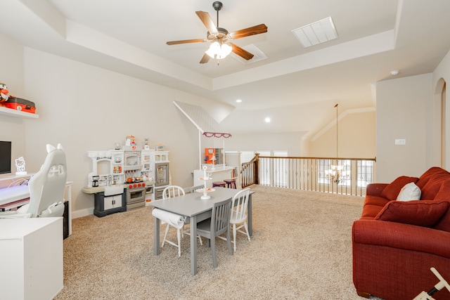 817 Calm Crest Dr, Rockwall, TX 75087 - game room with ceiling fan, carpet, a tray ceiling, recessed lighting, and baseboards