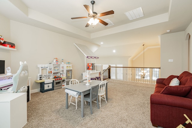 817 Calm Crest Dr, Rockwall, TX 75087 - game room with light colored carpet, ceiling fan, a tray ceiling, and recessed lighting