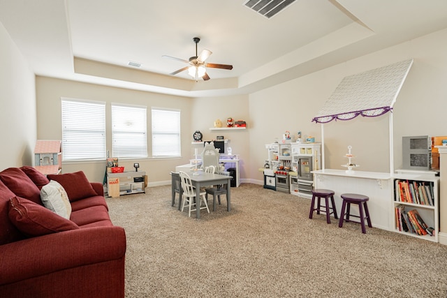 817 Calm Crest Dr, Rockwall, TX 75087 - rec room featuring a raised ceiling, ceiling fan, and carpet flooring