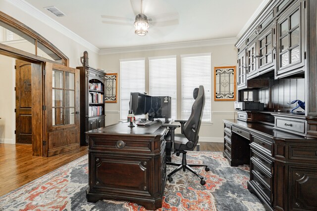 817 Calm Crest Dr, Rockwall, TX 75087 - office space featuring dark wood-style flooring, ornamental molding, a ceiling fan, and baseboards