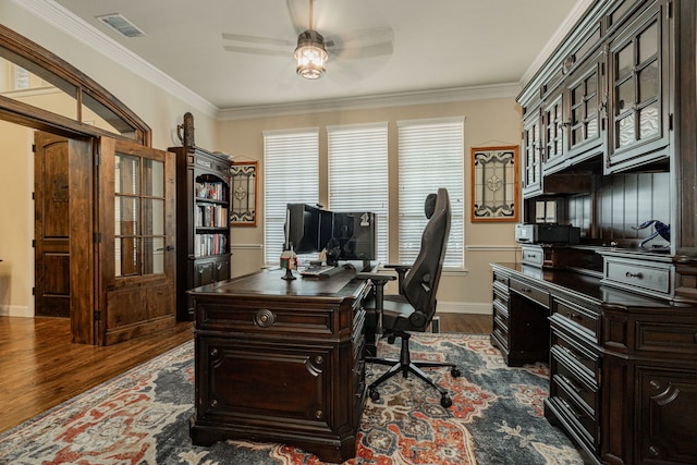 817 Calm Crest Dr, Rockwall, TX 75087 - office space featuring dark wood-style flooring, crown molding, and ceiling fan
