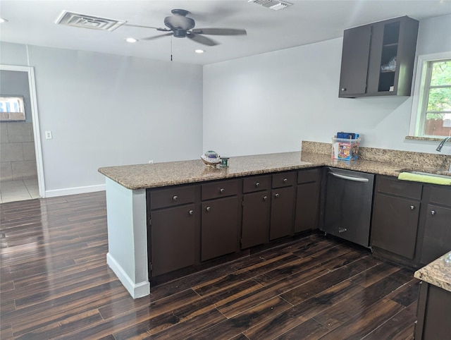 3108 Bideker Ave, Fort Worth, TX 76105 - kitchen featuring stainless steel dishwasher, a peninsula, a sink, a ceiling fan, and dark wood-style flooring