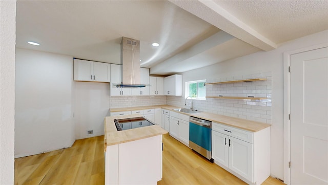 3809 Grover Ave, Fort Worth, TX 76106 - kitchen with butcher block counters, dishwashing machine, island range hood, a sink, and black electric stovetop