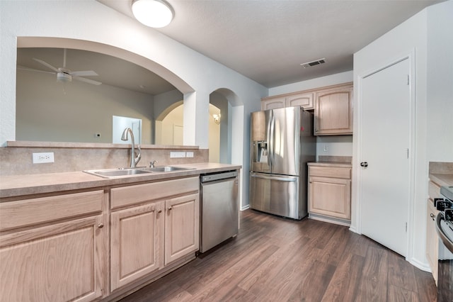 10260 E Rancho Diego Ln, Crowley, TX 76036 - kitchen featuring stainless steel appliances, light brown cabinetry, a sink, a ceiling fan, and light countertops