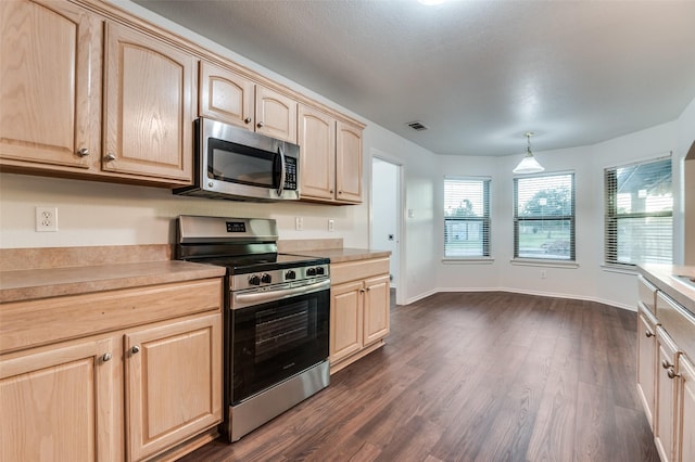 10260 E Rancho Diego Ln, Crowley, TX 76036 - kitchen featuring appliances with stainless steel finishes, light brown cabinetry, dark wood-style floors, and light countertops