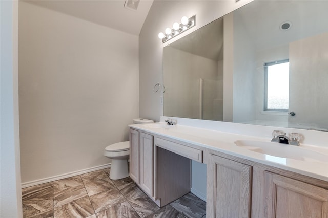 10260 E Rancho Diego Ln, Crowley, TX 76036 - full bathroom featuring double vanity, toilet, baseboards, a shower, and marble look tiles