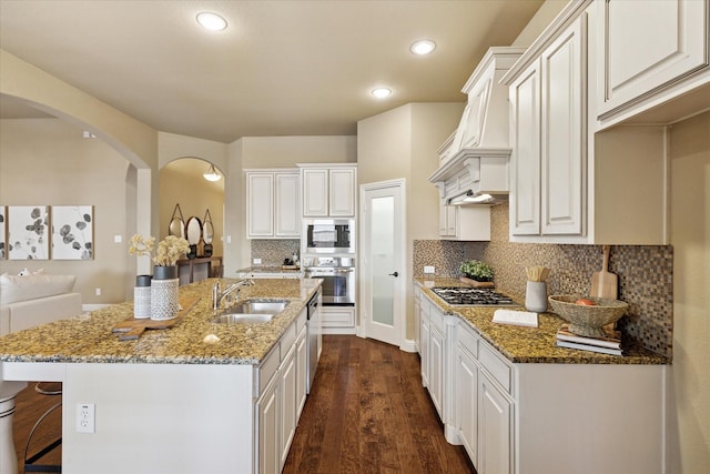 13929 Castlegate Dr, Frisco, TX 75035 - kitchen featuring stainless steel appliances, a sink, arched walkways, decorative backsplash, and dark wood-style flooring