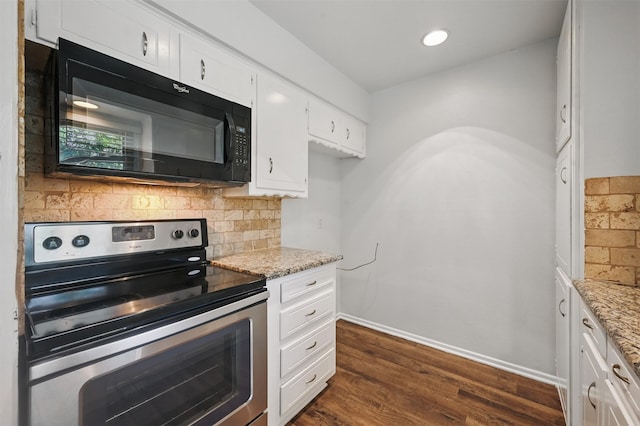 2913 Portales Dr, Fort Worth, TX 76116 - kitchen featuring stainless steel electric stove, black microwave, decorative backsplash, and light stone countertops