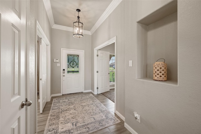 1000 Macadamia St, Venus, TX 76084 - entryway with ornamental molding, wood finished floors, baseboards, and a chandelier