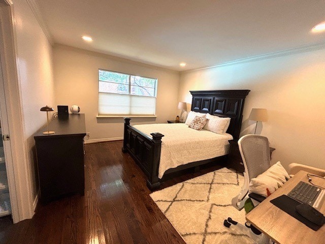 6112 Averill Way Unit B, Dallas, TX 75225 - bedroom with ornamental molding, dark wood-type flooring, recessed lighting, and baseboards