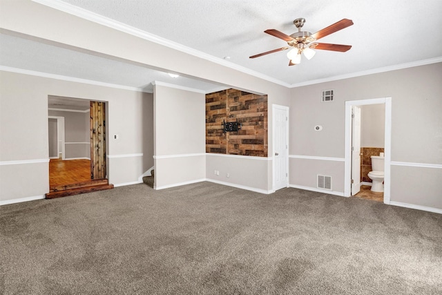 616 Bellevue Dr, Cleburne, TX 76033 - carpeted spare room featuring a ceiling fan, crown molding, stairway, and baseboards
