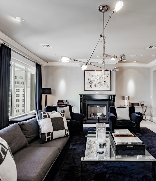 2525 N Pearl St Unit 1704, Dallas, TX 75201 - carpeted living room featuring crown molding, a chandelier, a fireplace, and recessed lighting