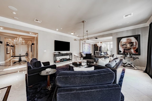 2525 N Pearl St Unit 1704, Dallas, TX 75201 - living area with a chandelier, light marble finish floors, recessed lighting, ornamental molding, and baseboards
