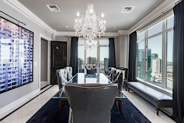 2525 N Pearl St Unit 1704, Dallas, TX 75201 - dining space featuring a chandelier, marble tiled flooring, healthy amount of natural light, baseboards, and ornamental molding