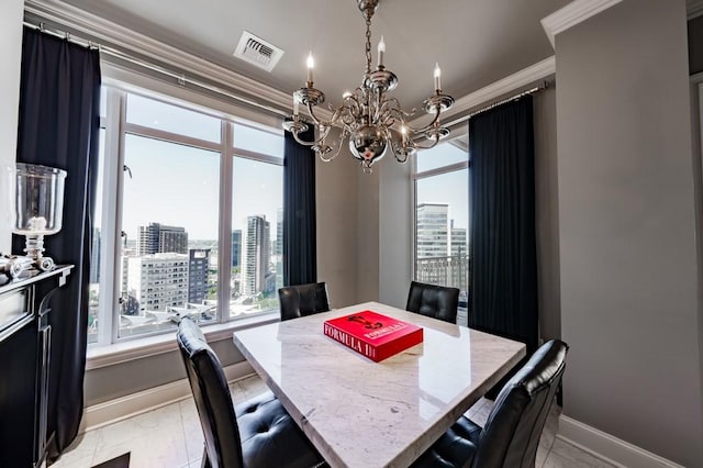 2525 N Pearl St Unit 1704, Dallas, TX 75201 - dining space with crown molding, a chandelier, baseboards, and plenty of natural light