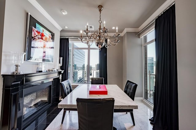 2525 N Pearl St Unit 1704, Dallas, TX 75201 - dining area featuring a chandelier, crown molding, and a glass covered fireplace